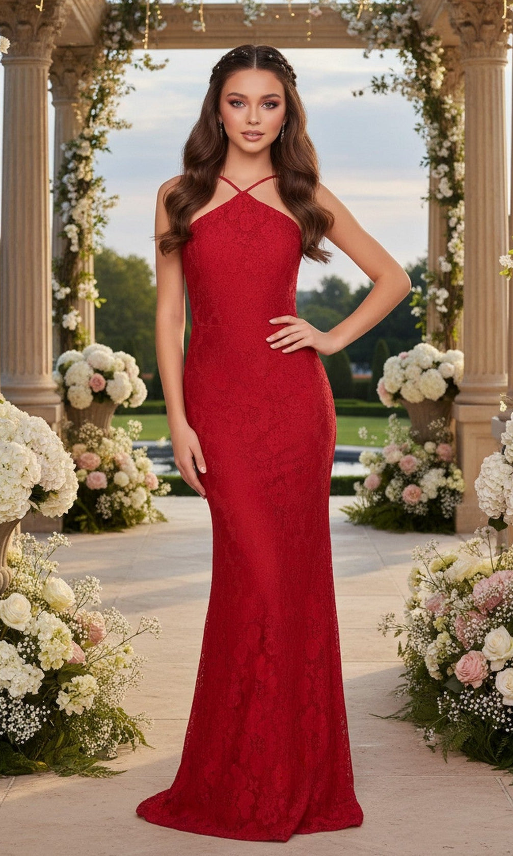 A woman in the High-Neck Backless Lace Prom Dress: La Femme 28619 stands beneath a floral arch, surrounded by white flowers and classical columns in an elegant outdoor garden setting.